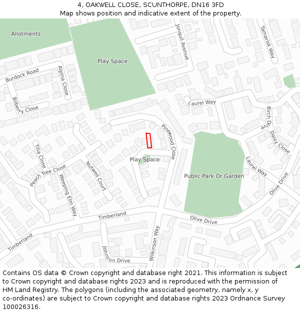 4, OAKWELL CLOSE, SCUNTHORPE, DN16 3FD: Location map and indicative extent of plot