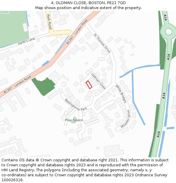 4, OLDMAN CLOSE, BOSTON, PE21 7GD: Location map and indicative extent of plot