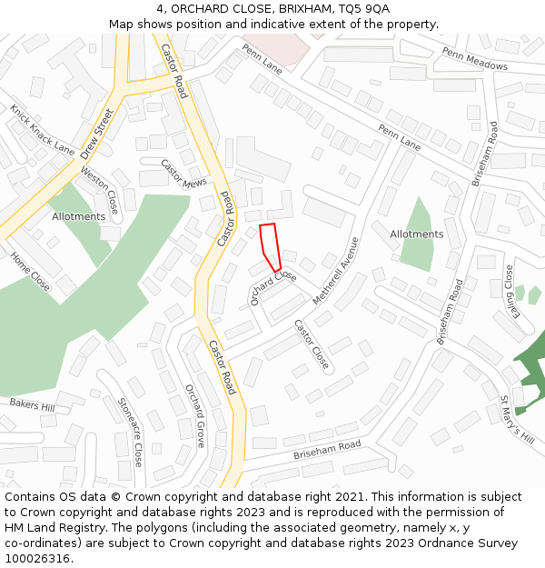 4, ORCHARD CLOSE, BRIXHAM, TQ5 9QA: Location map and indicative extent of plot