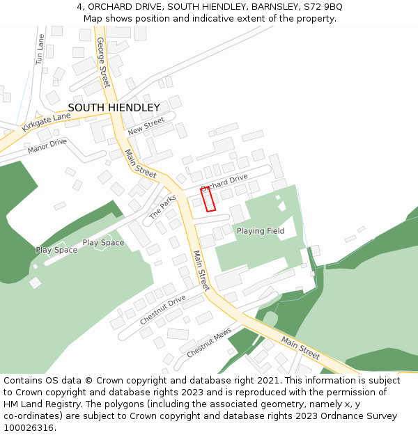 4, ORCHARD DRIVE, SOUTH HIENDLEY, BARNSLEY, S72 9BQ: Location map and indicative extent of plot