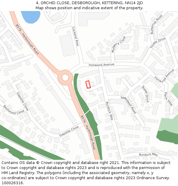 4, ORCHID CLOSE, DESBOROUGH, KETTERING, NN14 2JD: Location map and indicative extent of plot