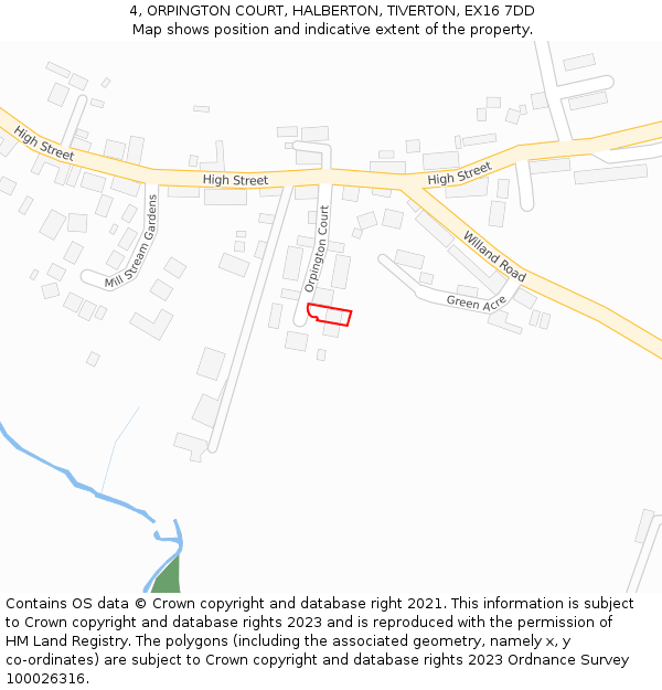 4, ORPINGTON COURT, HALBERTON, TIVERTON, EX16 7DD: Location map and indicative extent of plot