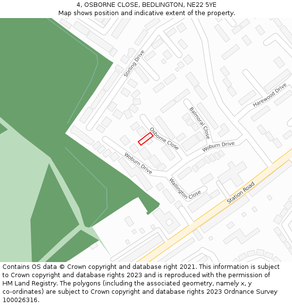 4, OSBORNE CLOSE, BEDLINGTON, NE22 5YE: Location map and indicative extent of plot