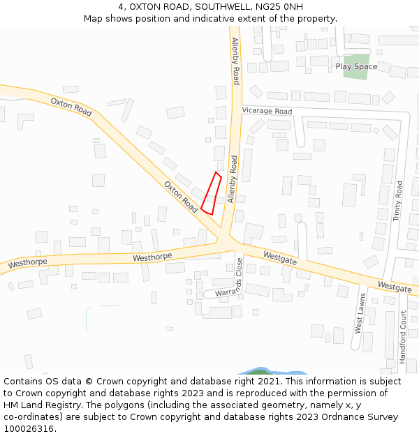 4, OXTON ROAD, SOUTHWELL, NG25 0NH: Location map and indicative extent of plot