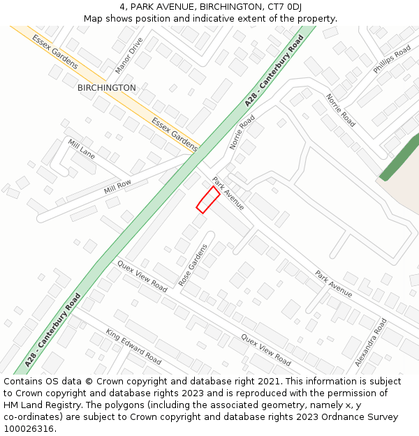 4, PARK AVENUE, BIRCHINGTON, CT7 0DJ: Location map and indicative extent of plot