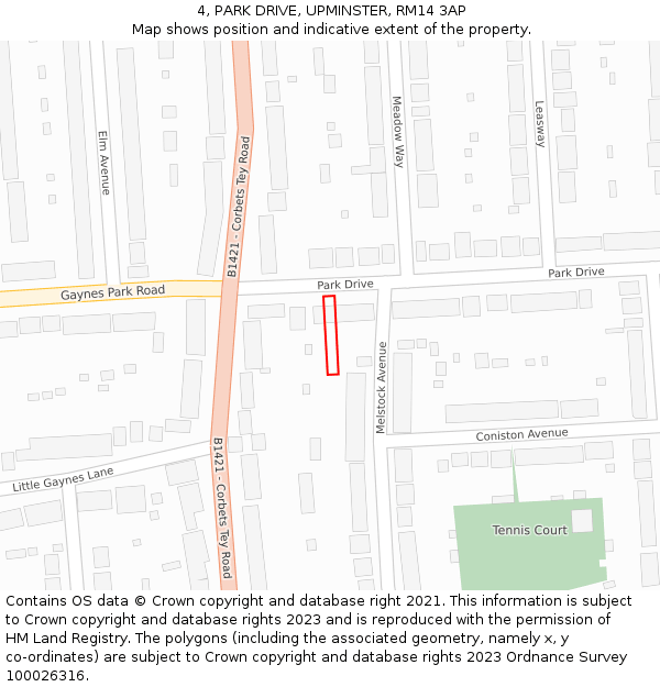 4, PARK DRIVE, UPMINSTER, RM14 3AP: Location map and indicative extent of plot