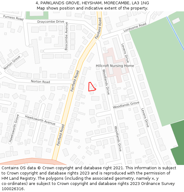 4, PARKLANDS GROVE, HEYSHAM, MORECAMBE, LA3 1NG: Location map and indicative extent of plot