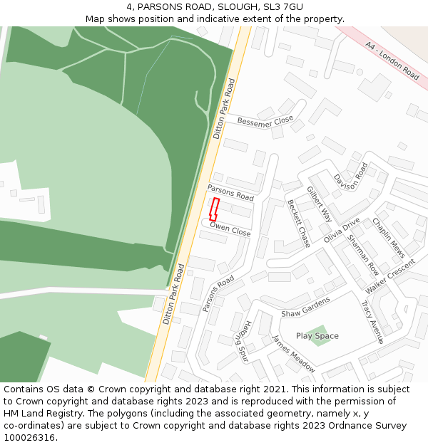 4, PARSONS ROAD, SLOUGH, SL3 7GU: Location map and indicative extent of plot