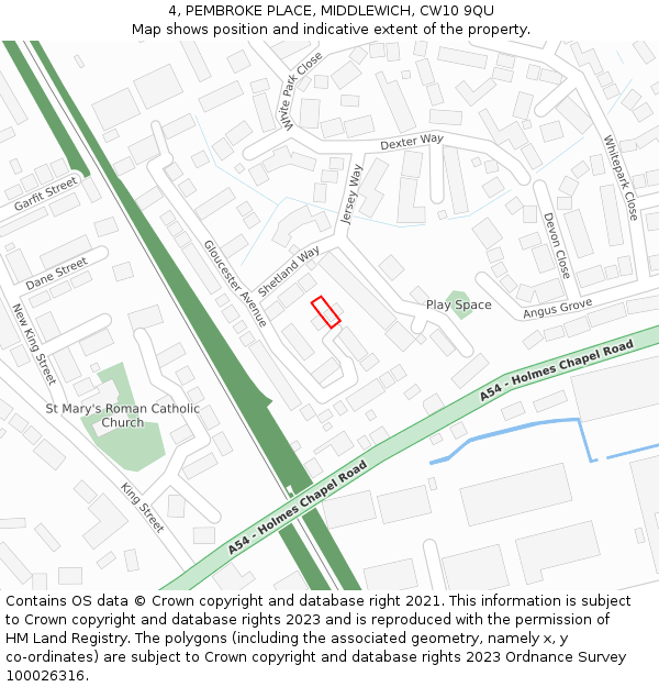 4, PEMBROKE PLACE, MIDDLEWICH, CW10 9QU: Location map and indicative extent of plot