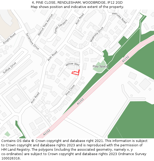 4, PINE CLOSE, RENDLESHAM, WOODBRIDGE, IP12 2GD: Location map and indicative extent of plot