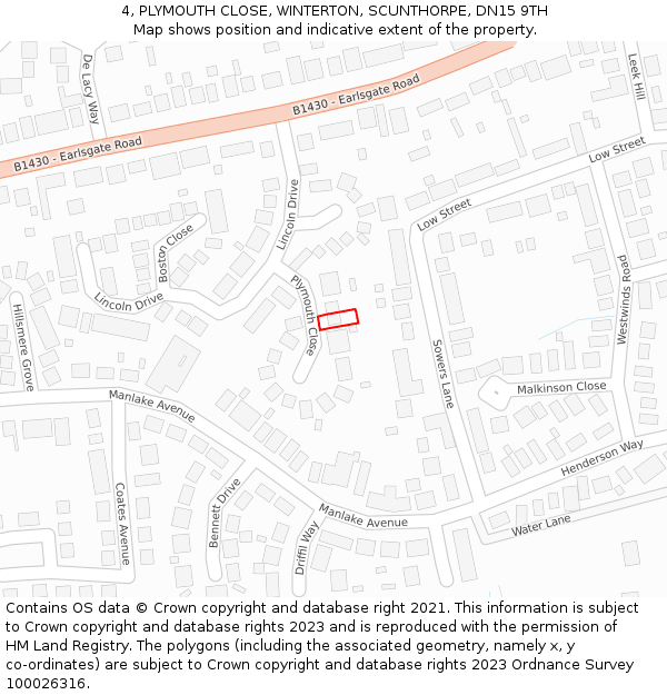 4, PLYMOUTH CLOSE, WINTERTON, SCUNTHORPE, DN15 9TH: Location map and indicative extent of plot