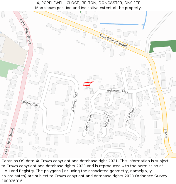 4, POPPLEWELL CLOSE, BELTON, DONCASTER, DN9 1TF: Location map and indicative extent of plot