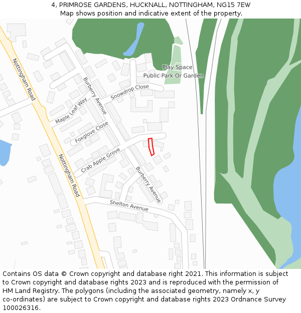 4, PRIMROSE GARDENS, HUCKNALL, NOTTINGHAM, NG15 7EW: Location map and indicative extent of plot