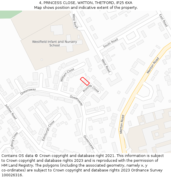 4, PRINCESS CLOSE, WATTON, THETFORD, IP25 6XA: Location map and indicative extent of plot