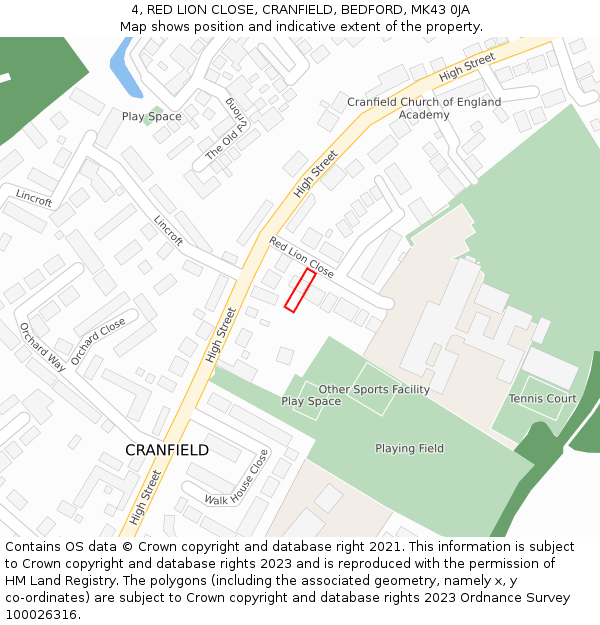 4, RED LION CLOSE, CRANFIELD, BEDFORD, MK43 0JA: Location map and indicative extent of plot