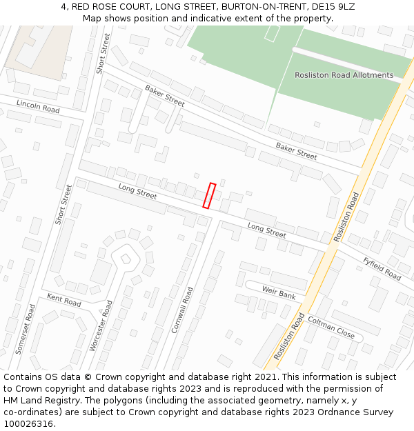 4, RED ROSE COURT, LONG STREET, BURTON-ON-TRENT, DE15 9LZ: Location map and indicative extent of plot
