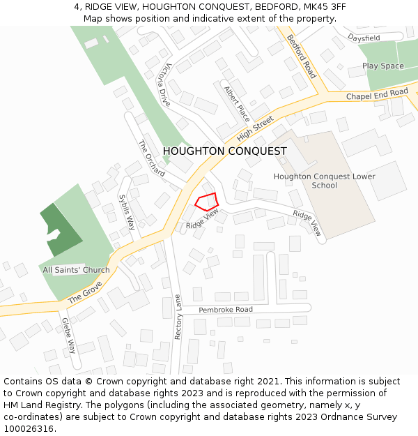 4, RIDGE VIEW, HOUGHTON CONQUEST, BEDFORD, MK45 3FF: Location map and indicative extent of plot