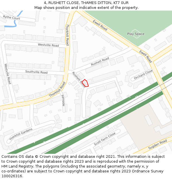 4, RUSHETT CLOSE, THAMES DITTON, KT7 0UR: Location map and indicative extent of plot