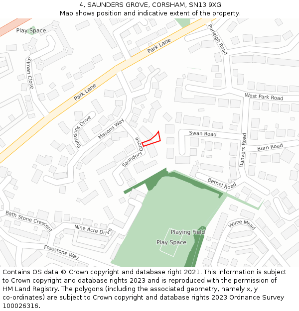 4, SAUNDERS GROVE, CORSHAM, SN13 9XG: Location map and indicative extent of plot