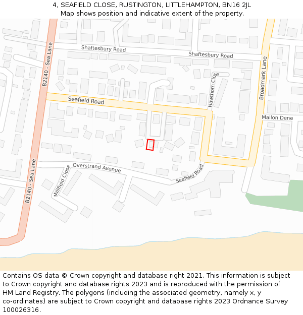 4, SEAFIELD CLOSE, RUSTINGTON, LITTLEHAMPTON, BN16 2JL: Location map and indicative extent of plot