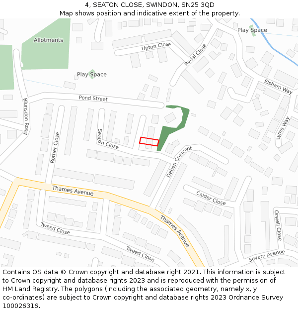 4, SEATON CLOSE, SWINDON, SN25 3QD: Location map and indicative extent of plot