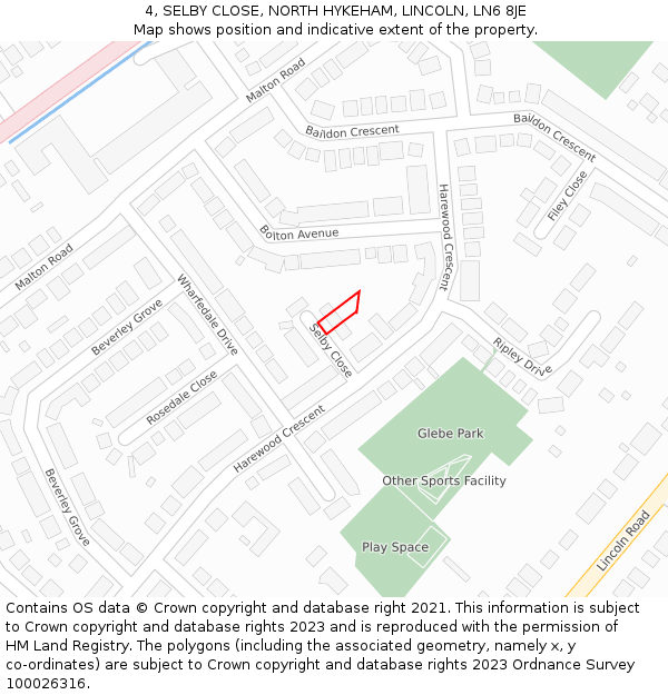 4, SELBY CLOSE, NORTH HYKEHAM, LINCOLN, LN6 8JE: Location map and indicative extent of plot