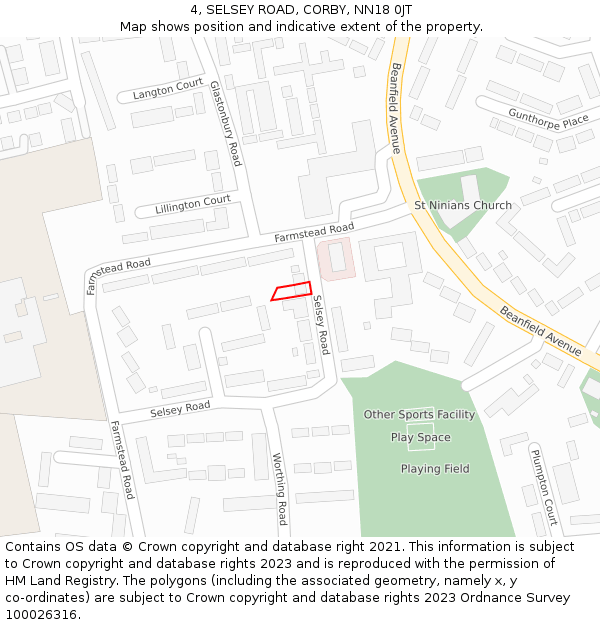 4, SELSEY ROAD, CORBY, NN18 0JT: Location map and indicative extent of plot