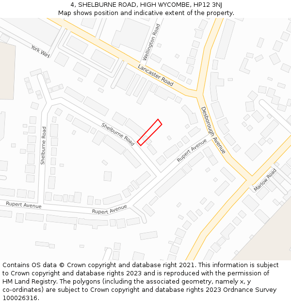 4, SHELBURNE ROAD, HIGH WYCOMBE, HP12 3NJ: Location map and indicative extent of plot