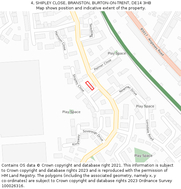 4, SHIPLEY CLOSE, BRANSTON, BURTON-ON-TRENT, DE14 3HB: Location map and indicative extent of plot