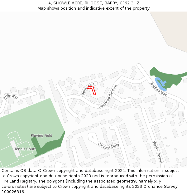 4, SHOWLE ACRE, RHOOSE, BARRY, CF62 3HZ: Location map and indicative extent of plot