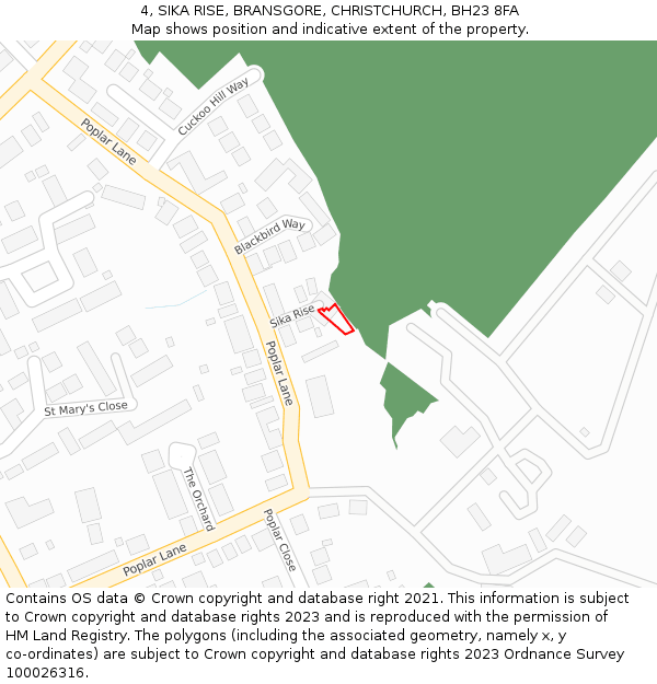 4, SIKA RISE, BRANSGORE, CHRISTCHURCH, BH23 8FA: Location map and indicative extent of plot