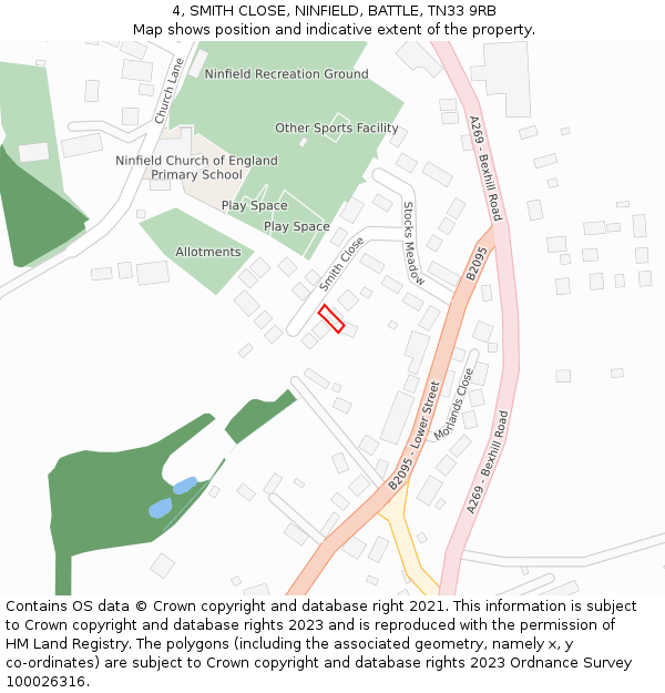 4, SMITH CLOSE, NINFIELD, BATTLE, TN33 9RB: Location map and indicative extent of plot