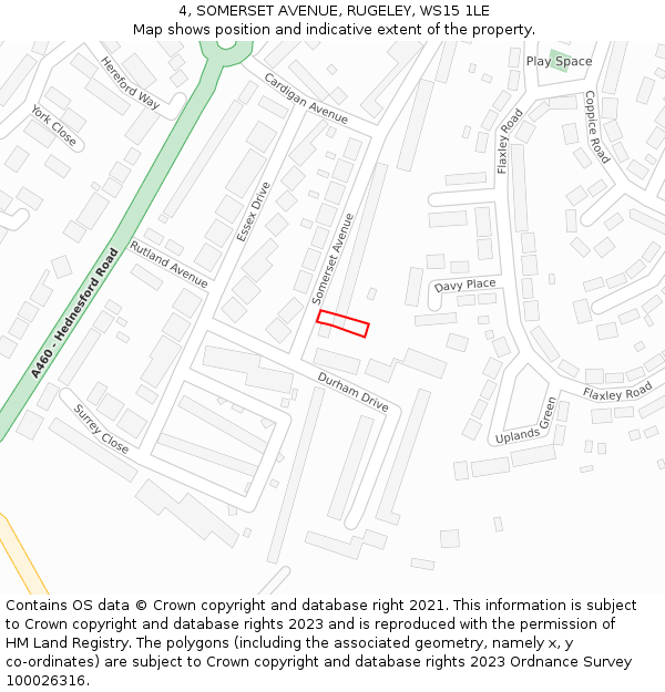 4, SOMERSET AVENUE, RUGELEY, WS15 1LE: Location map and indicative extent of plot