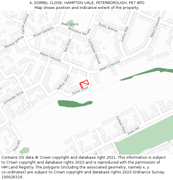 4, SORREL CLOSE, HAMPTON VALE, PETERBOROUGH, PE7 8PD: Location map and indicative extent of plot
