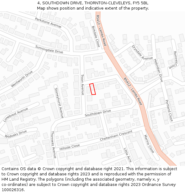 4, SOUTHDOWN DRIVE, THORNTON-CLEVELEYS, FY5 5BL: Location map and indicative extent of plot