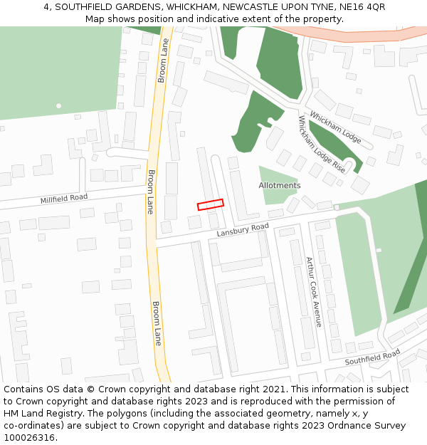 4, SOUTHFIELD GARDENS, WHICKHAM, NEWCASTLE UPON TYNE, NE16 4QR: Location map and indicative extent of plot