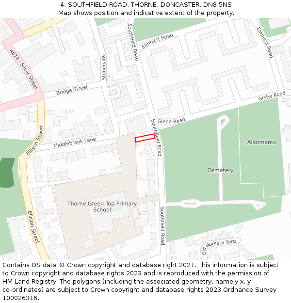 4, SOUTHFIELD ROAD, THORNE, DONCASTER, DN8 5NS: Location map and indicative extent of plot