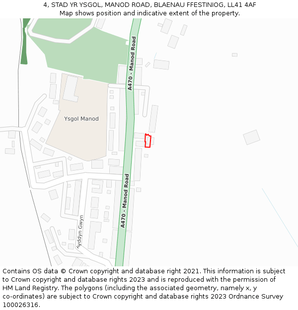 4, STAD YR YSGOL, MANOD ROAD, BLAENAU FFESTINIOG, LL41 4AF: Location map and indicative extent of plot
