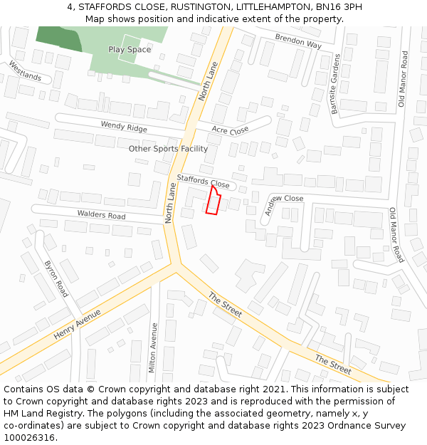 4, STAFFORDS CLOSE, RUSTINGTON, LITTLEHAMPTON, BN16 3PH: Location map and indicative extent of plot