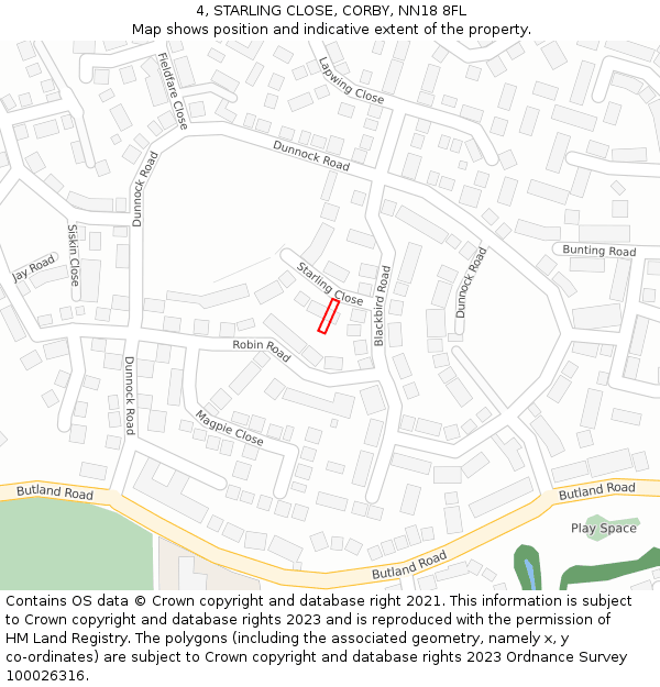 4, STARLING CLOSE, CORBY, NN18 8FL: Location map and indicative extent of plot
