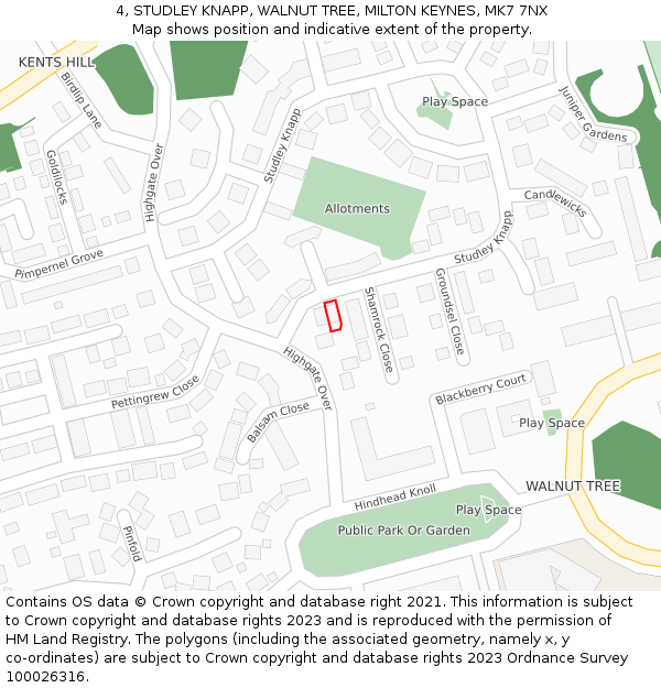 4, STUDLEY KNAPP, WALNUT TREE, MILTON KEYNES, MK7 7NX: Location map and indicative extent of plot