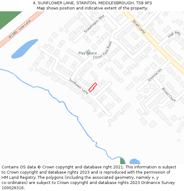 4, SUNFLOWER LANE, STAINTON, MIDDLESBROUGH, TS8 9FS: Location map and indicative extent of plot