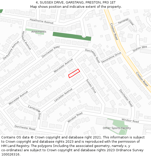 4, SUSSEX DRIVE, GARSTANG, PRESTON, PR3 1ET: Location map and indicative extent of plot