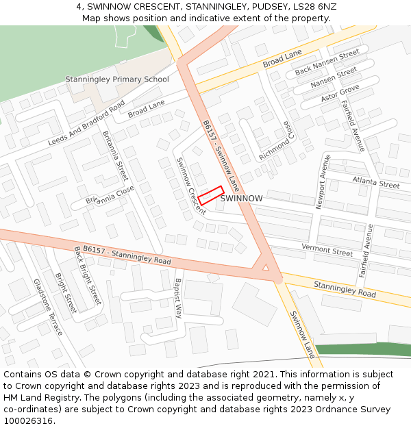 4, SWINNOW CRESCENT, STANNINGLEY, PUDSEY, LS28 6NZ: Location map and indicative extent of plot