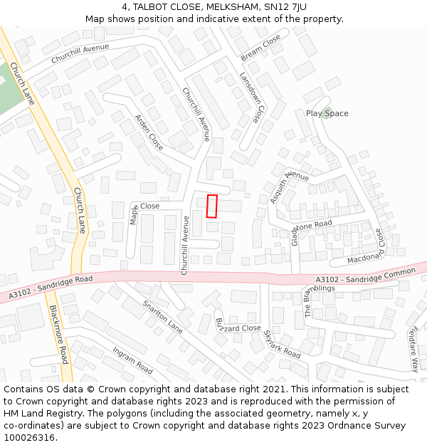4, TALBOT CLOSE, MELKSHAM, SN12 7JU: Location map and indicative extent of plot