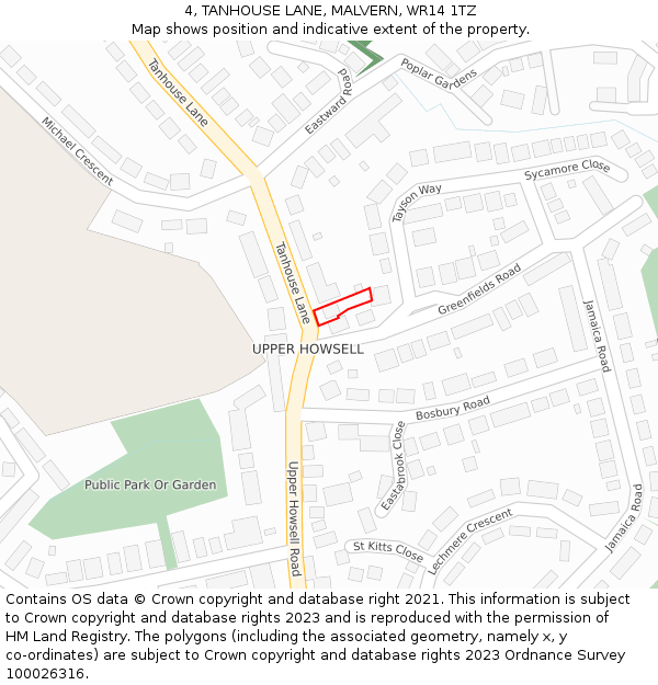 4, TANHOUSE LANE, MALVERN, WR14 1TZ: Location map and indicative extent of plot