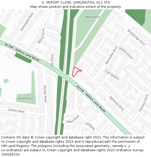 4, TAYPORT CLOSE, DARLINGTON, DL1 3TG: Location map and indicative extent of plot