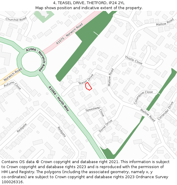 4, TEASEL DRIVE, THETFORD, IP24 2YL: Location map and indicative extent of plot