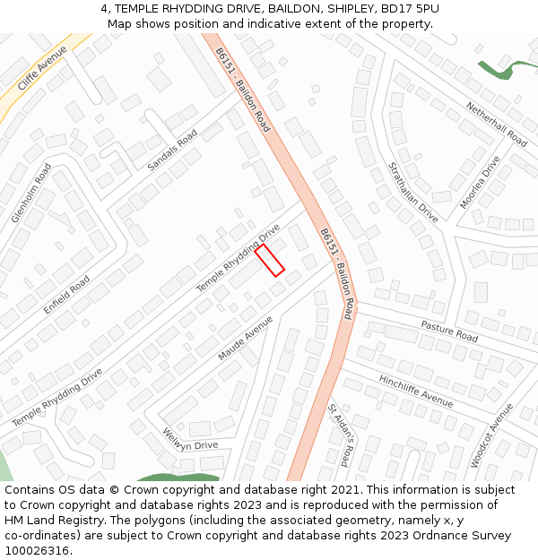 4, TEMPLE RHYDDING DRIVE, BAILDON, SHIPLEY, BD17 5PU: Location map and indicative extent of plot
