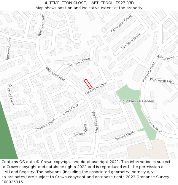 4, TEMPLETON CLOSE, HARTLEPOOL, TS27 3RB: Location map and indicative extent of plot